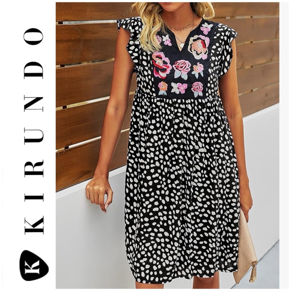 NWT Kirundo dress size M, black and white animal print with embroidered yoke